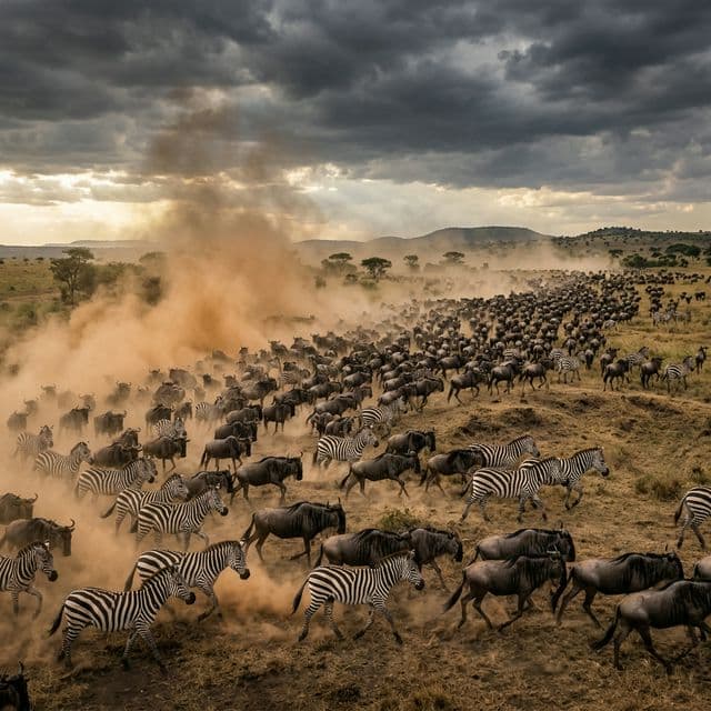 Thousands of zebras and wildebeest crossing the northern Serengeti during the Great Migration